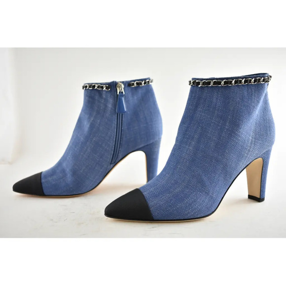 Chanel 20C Blue Denim Fabric Black Chain CC Logo Short Ankle Heel Boot Bootie 38 - Picture 9 of 12